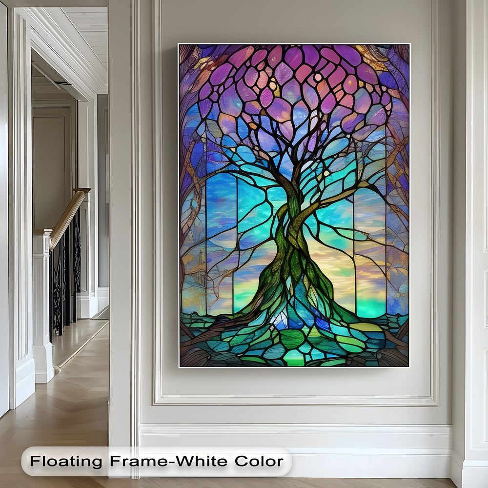 The vibrant color contrast in this premium canvas decor showcases a stained glass tree with deep purple leaves against a bright turquoise sky.