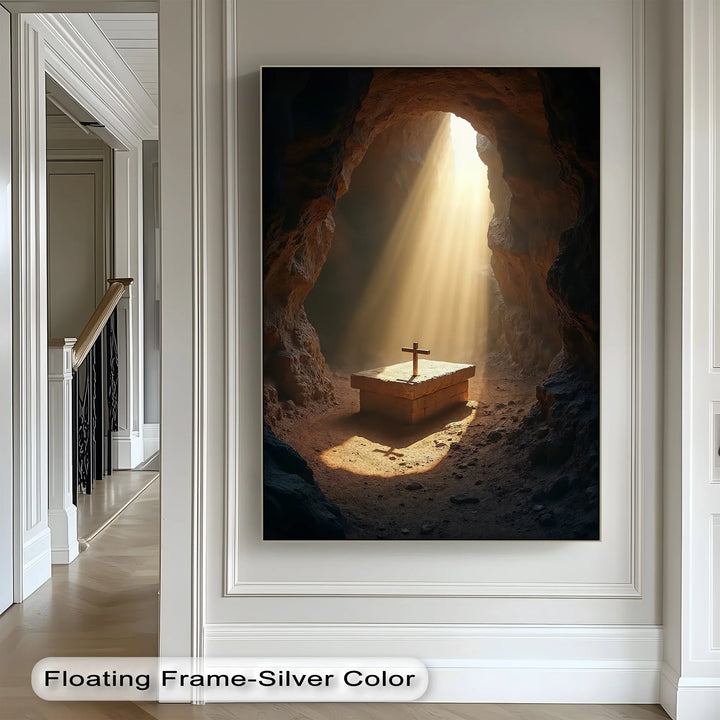 Sunlight floods the stone tomb in this dramatic photo canvas, symbolizing life beyond death.

