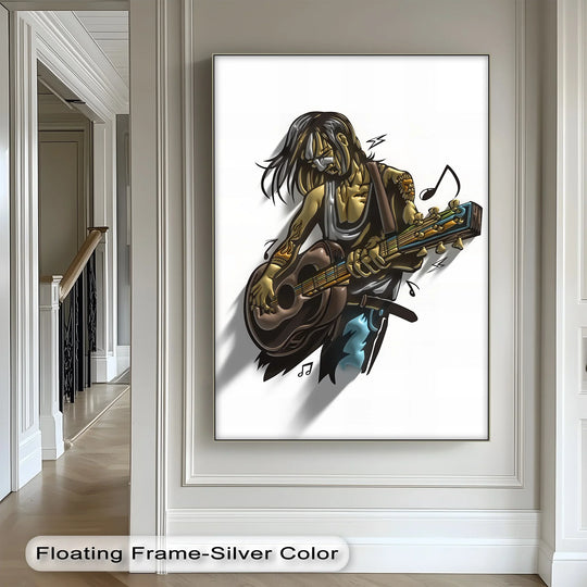 Highlighted by the canvas's vivid white backdrop, the premium canvas decor features a grunge guitarist cartoon canvas print playing his electric soul.