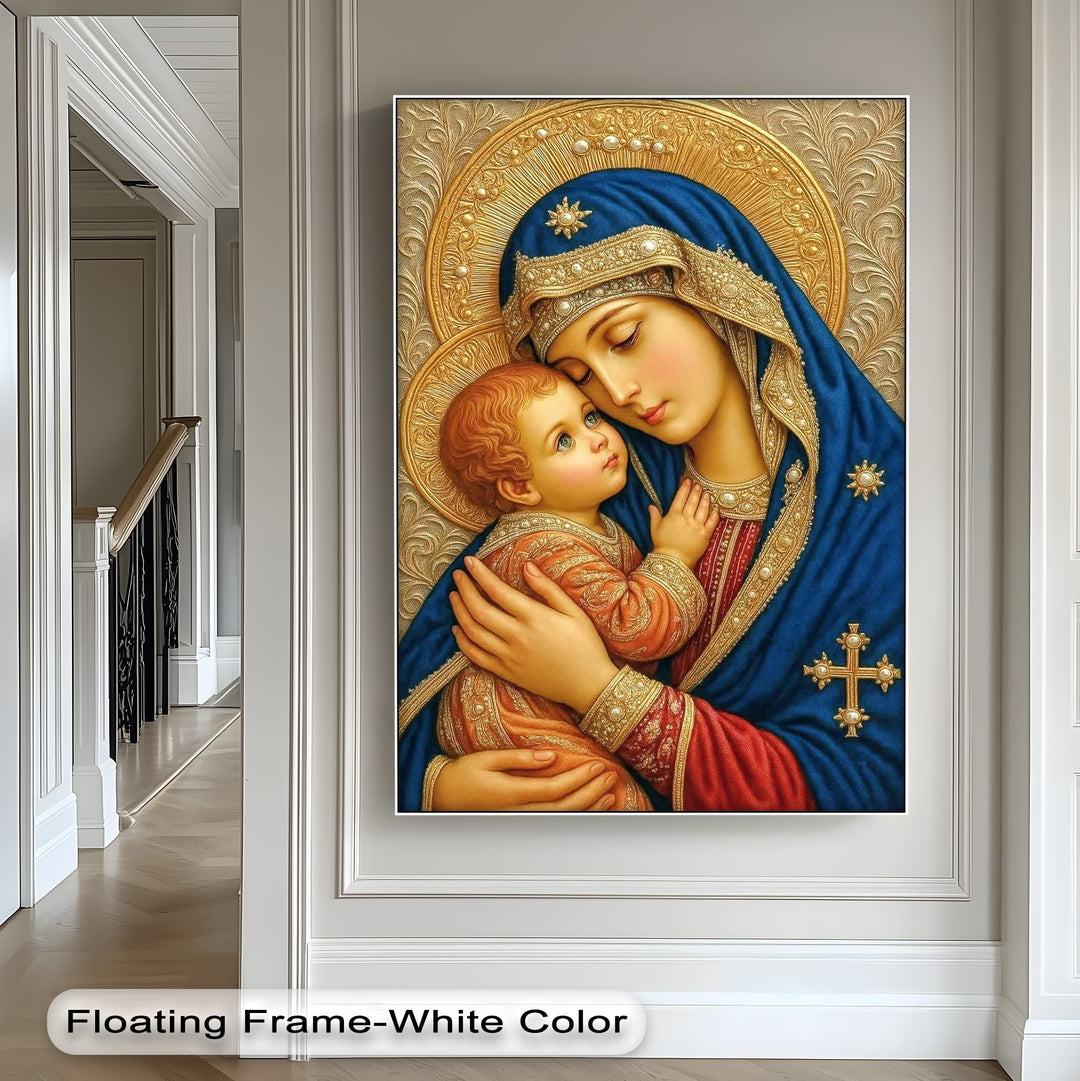 A serene and spiritual mood emanates from this high quality canvas print of the Madonna and Child, featuring intricate gold halos and deep blue robes.