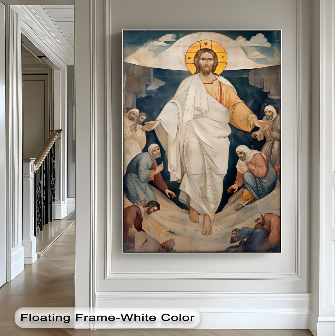 The vivid color contrast in this Resurrection of Christ canvas wall art dramatically illuminates Christ's white robes and golden halo against a dark background.