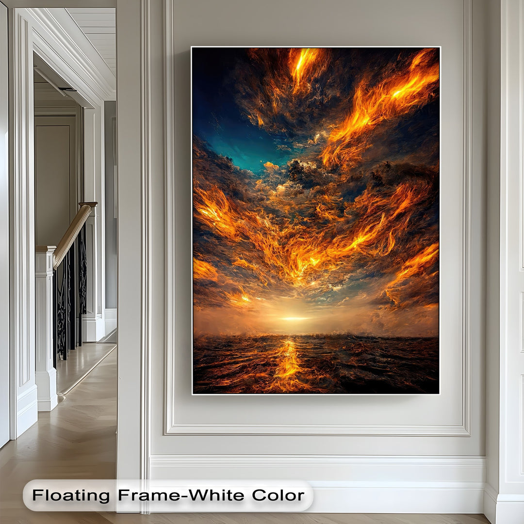 The realistic detail in this unique canvas print showcases a dramatic firestorm sky with intensely glowing orange clouds above turbulent, dark ocean waves.