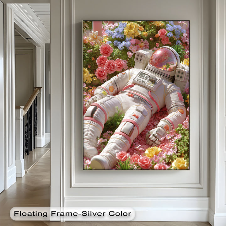 Astronaut Resting in a Garden of Flowers - Pink Canvas Print