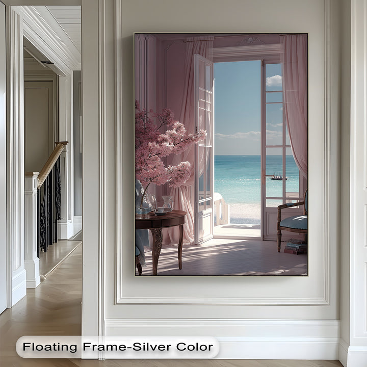 Seaside Serenity – Elegant Room with Ocean View Canvas Print