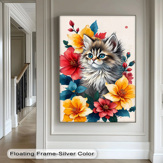 Softest fur of a fluffy kitten contrasts beautifully against the vibrant florals in this big canvas prints artwork.