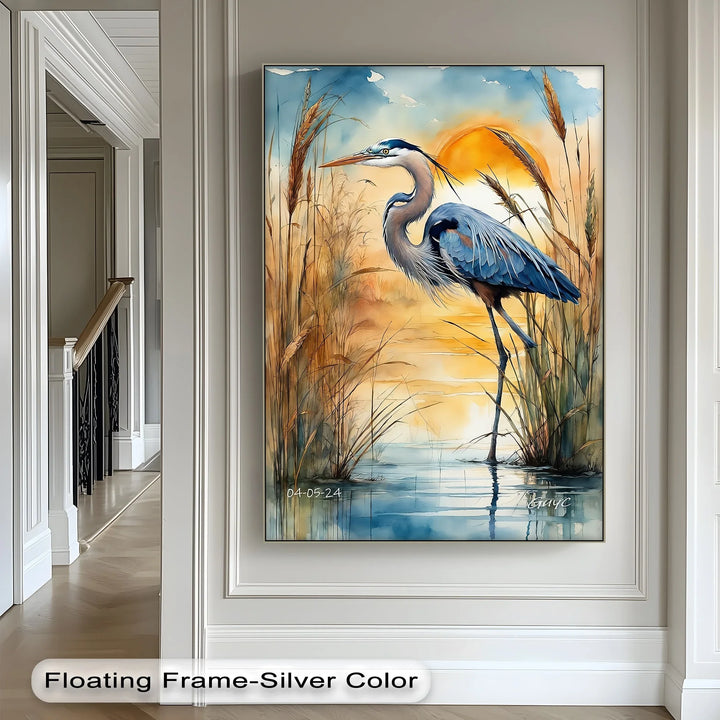 Majestic Blue Heron at Sunset – Serene Waterscape Canvas Print - MyPhotoStation