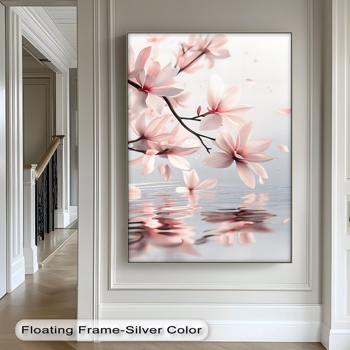 Blush Magnolia Blooms Reflected on Water – Tranquil Floral Canvas Print