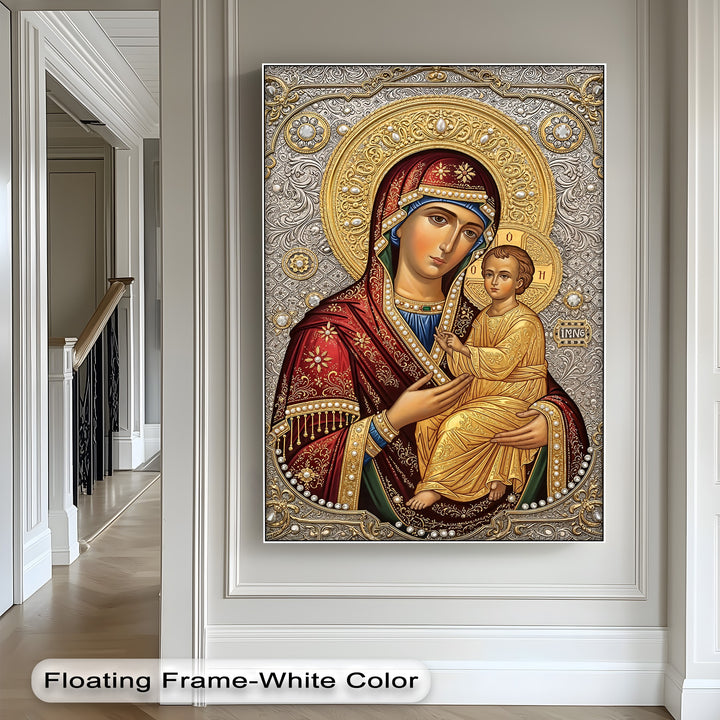 Dynamic interplay of light and shadow enhances the Virgin Mary and Child gold Christian icon canvas painting's intricate details.