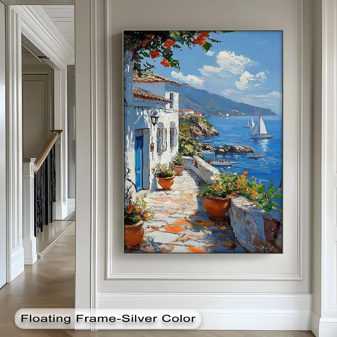 Mediterranean Stroll – Seaside Village Path with Blue Door Canvas Print - MyPhotoStation