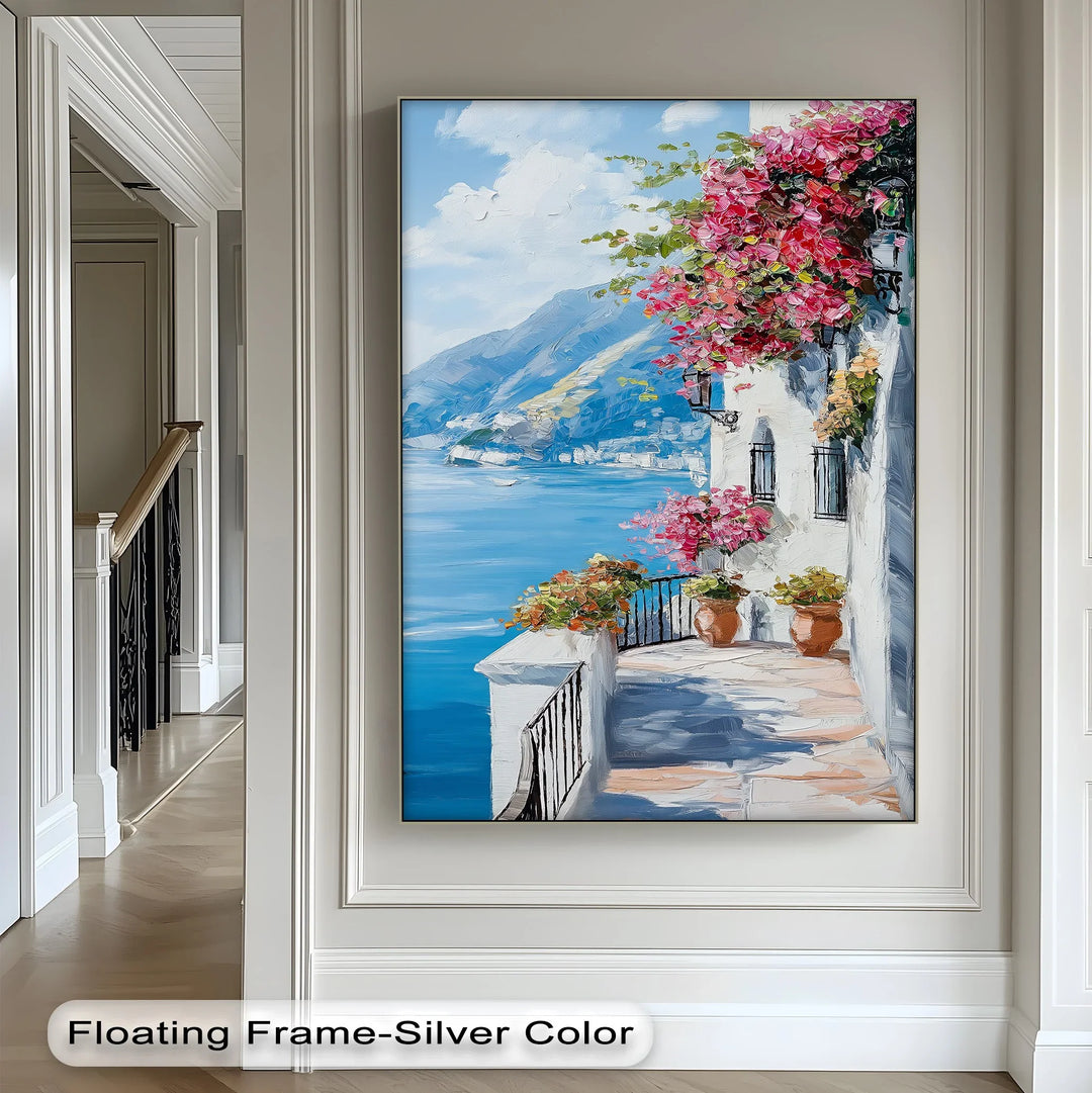 Sunlit Balcony by the Amalfi – Seaside Floral Canvas Print