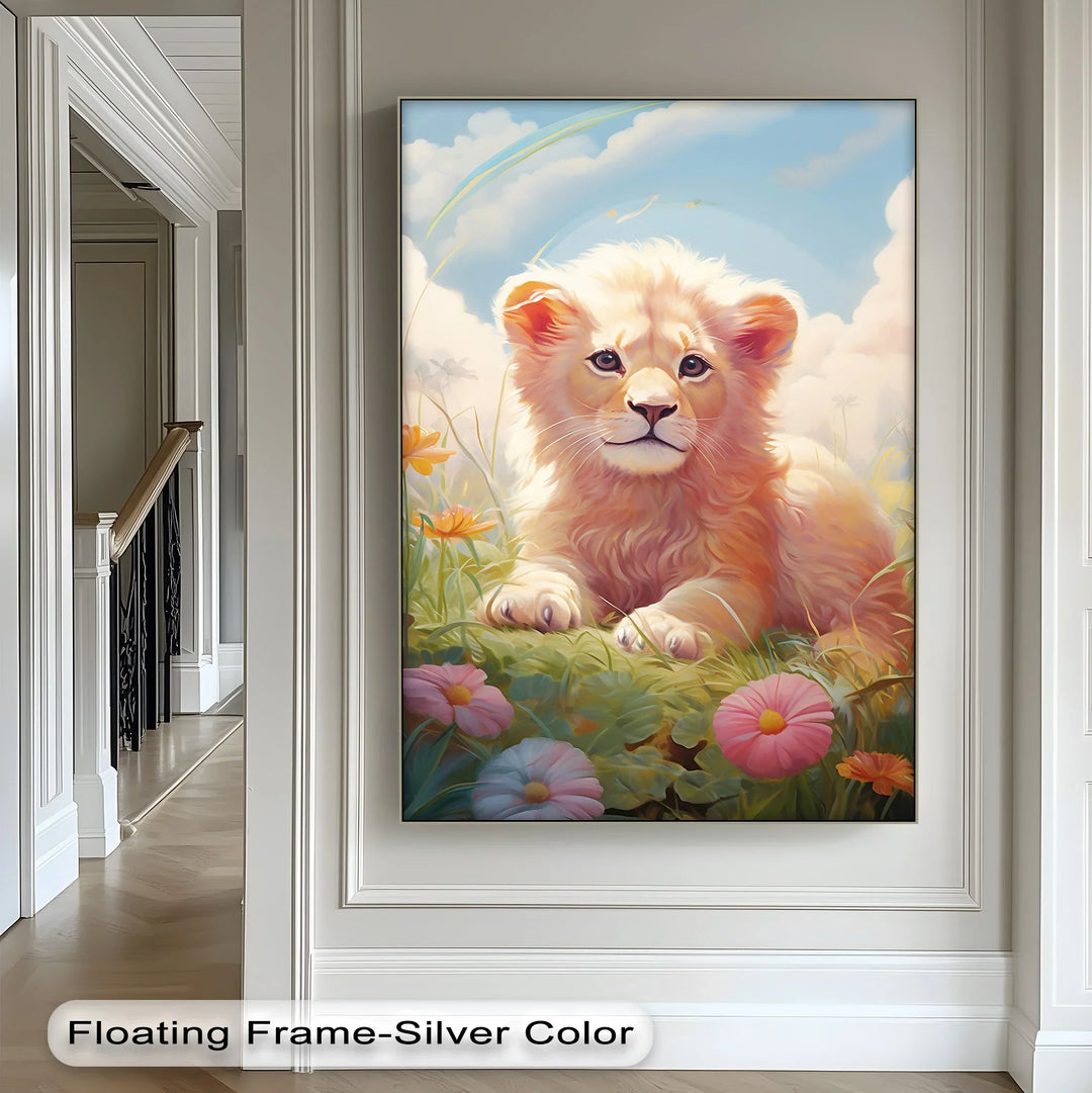 Innocent Majesty – Baby Lion Cub in Blooming Field Animal Canvas Print - MyPhotoStation