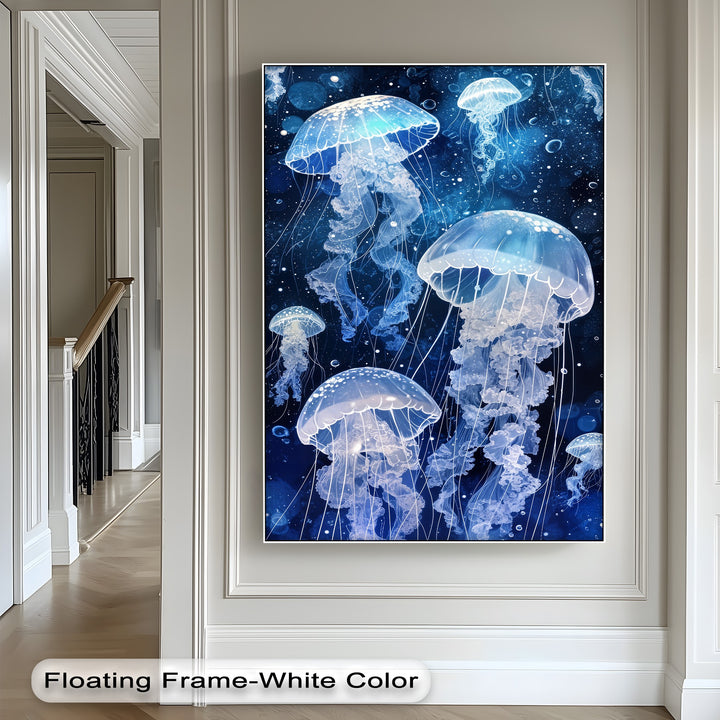 The luminous blue-white jellyfish, the brightest area in this deep blue ocean canvas art, create a mesmerizing underwater scene.