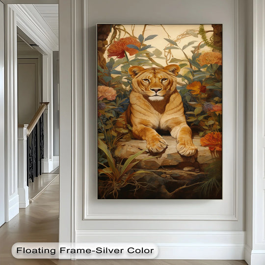 Illustrating depth and layers, the animal canvas art shows the queen of the jungle reposing among lush flowers.