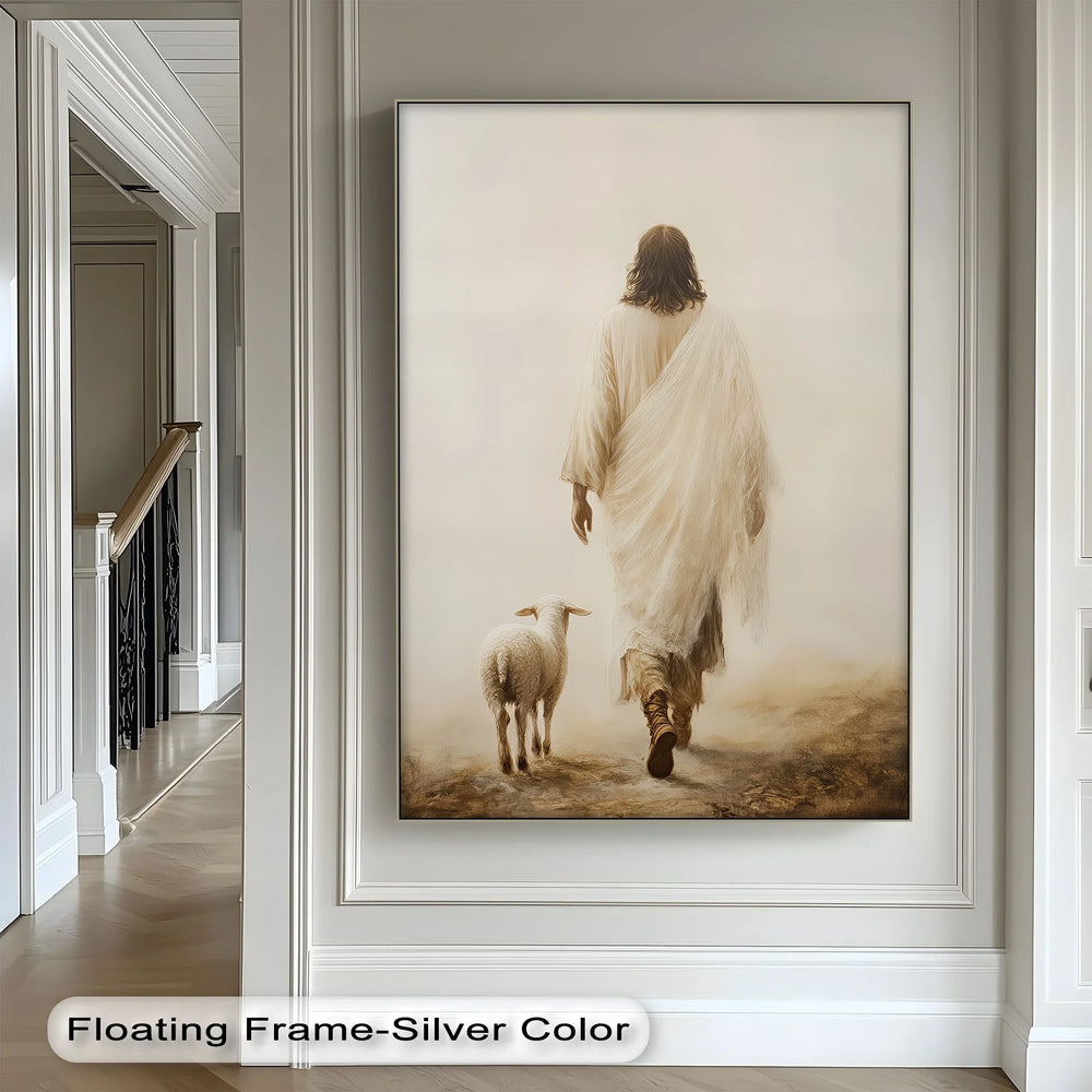 This tranquil canvas print of Christ walking with a lamb speaks of divine guidance and care.

