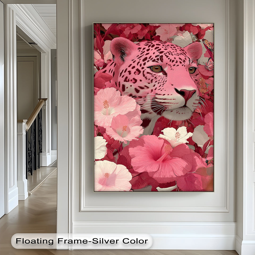 Blush Predator – Pink Leopard in Hibiscus Jungle Canvas Print
