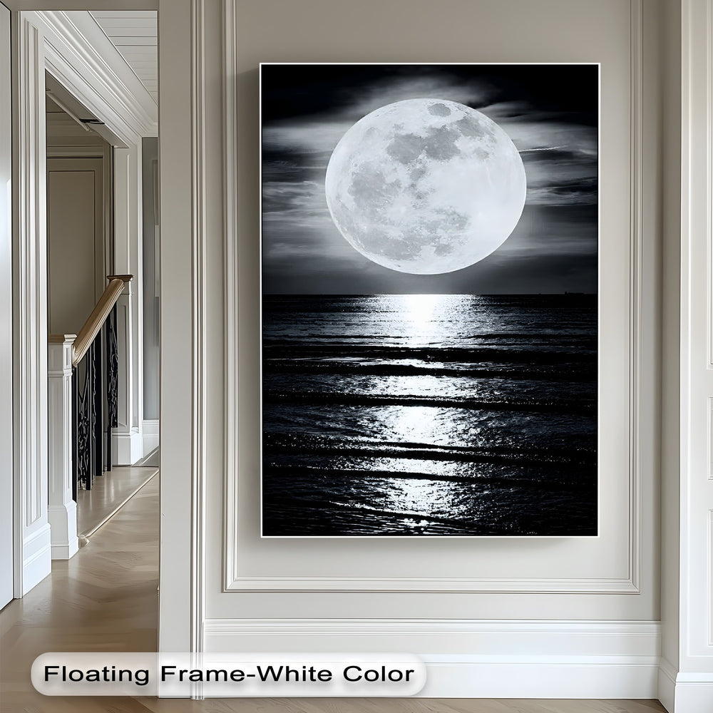 With realistic detail, this full moon seascape canvas art print features the moon's glow reflecting brightly across dark ocean ripples.