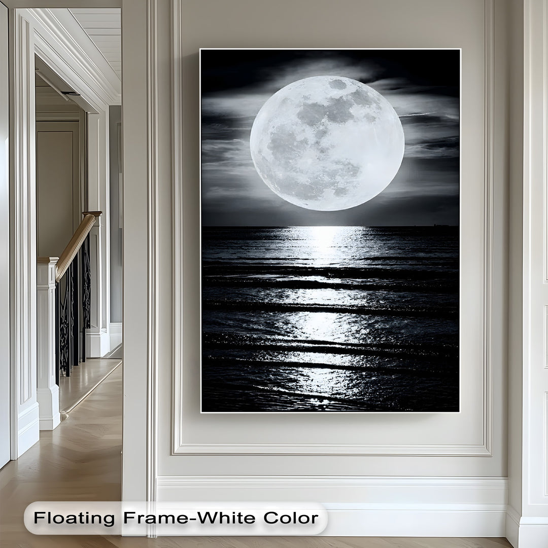 With realistic detail, this full moon seascape canvas art print features the moon's glow reflecting brightly across dark ocean ripples.