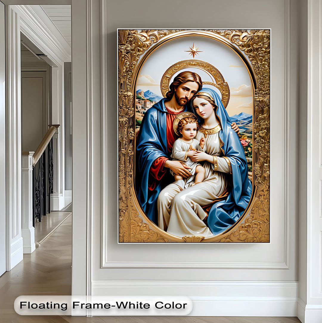 The pristine white floating frame strikingly borders the ornate gold-edged Holy Family framed canvas, showcasing beautiful Christian art.