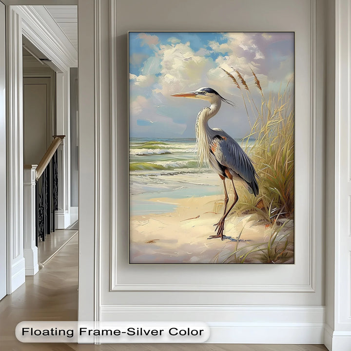 Coastal Grace – Majestic Heron by the Shore Canvas Print - MyPhotoStation