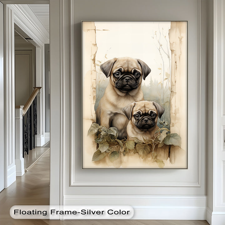 Twin Pug Companions – Vintage Botanical Style Puppies Canvas Print