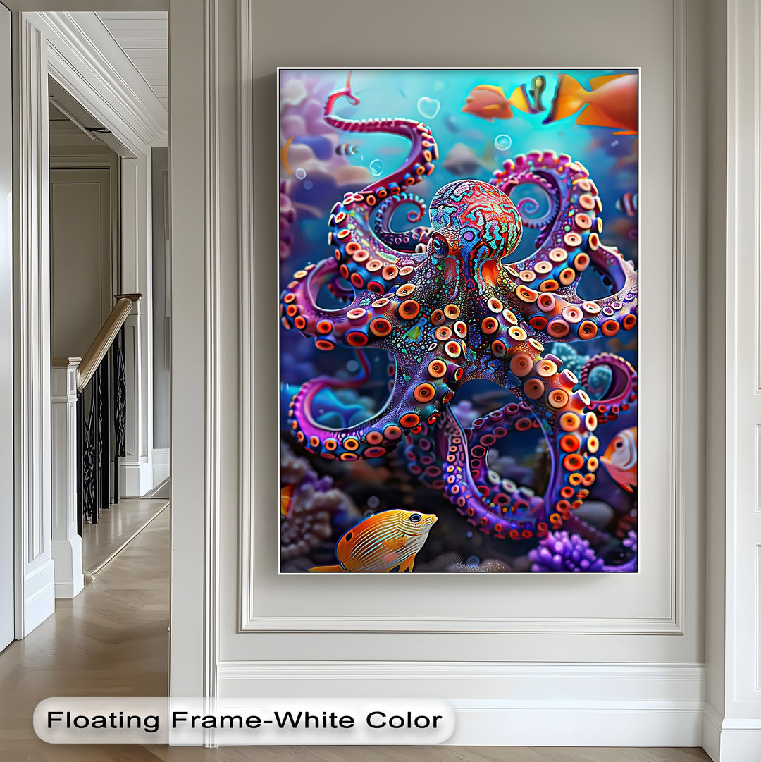 The textured surface of this vibrant colorful octopus canvas art showcases intricate patterns amidst tropical fish and a lively coral reef.