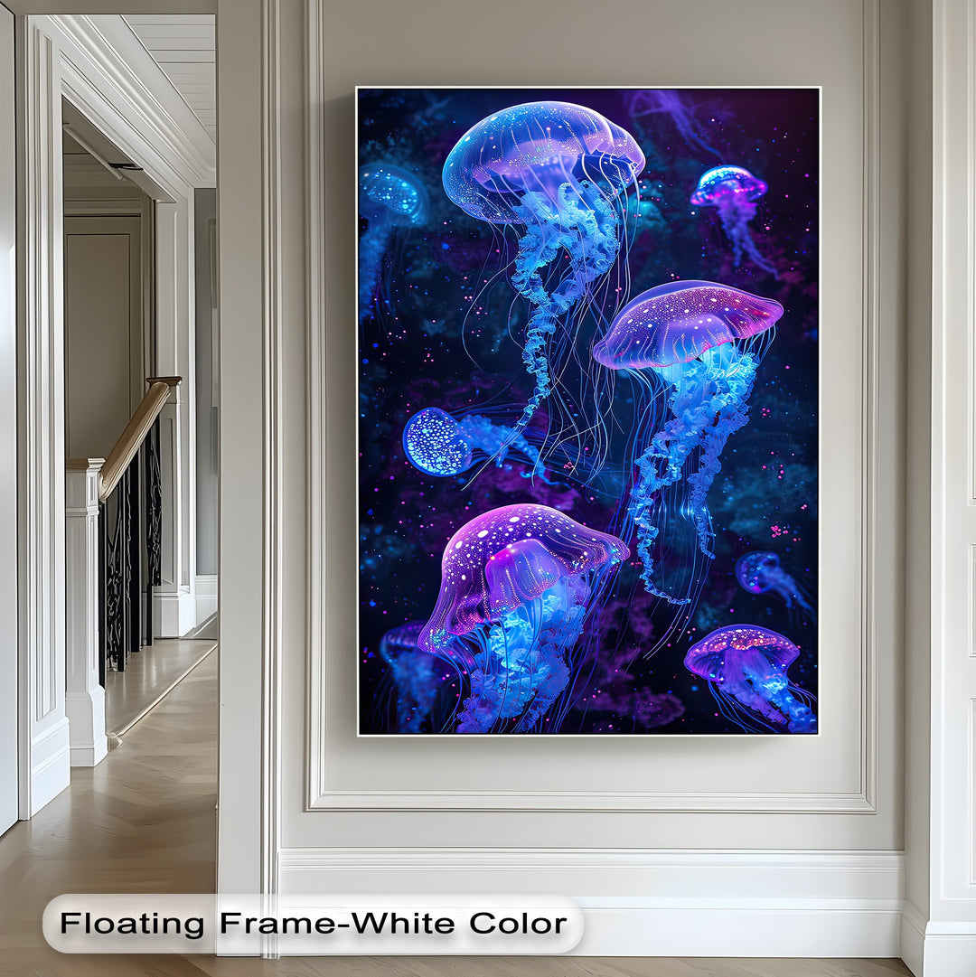 An ethereal glow of luminescent blue and purple jellyfish floats through a cosmic abyss, a vibrant piece of premium canvas decor.