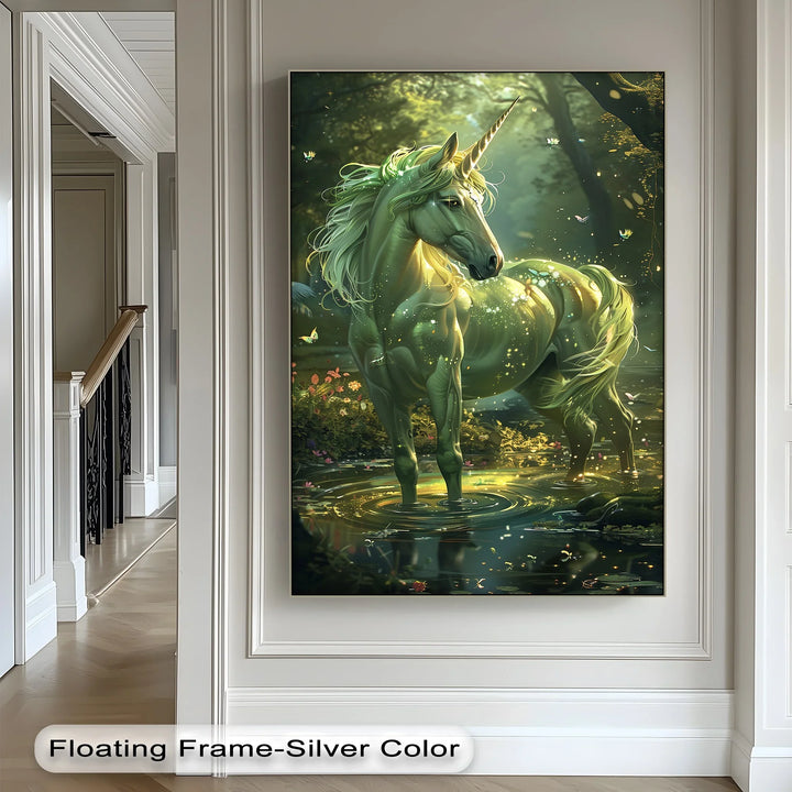 Glowing Green Unicorn in Enchanted Pond - Animal Canvas Print - MyPhotoStation
