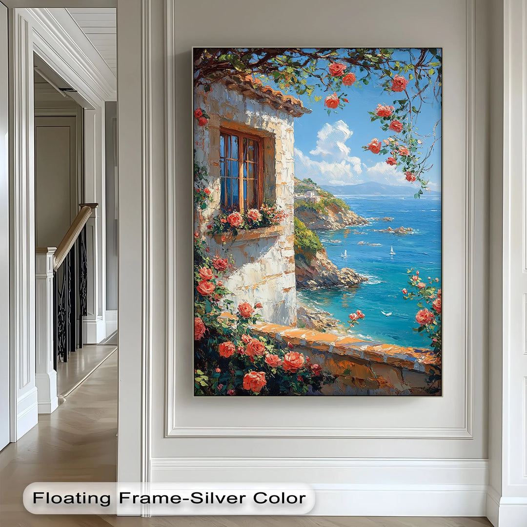 Seaside Roses View – Mediterranean Coast Window Canvas Print - MyPhotoStation