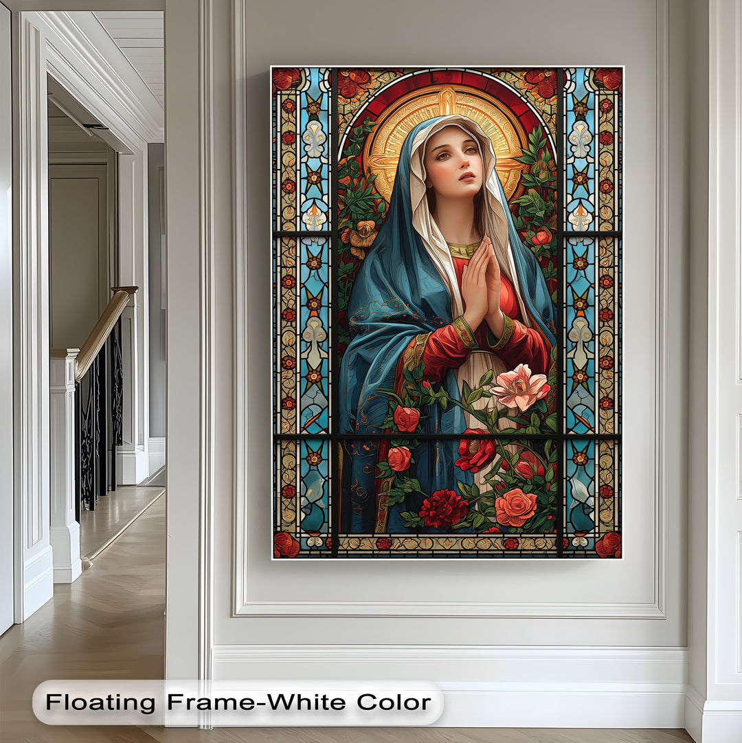A vertically oriented, rectangular canvas artwork portrays a revered Stained Glass Mary, a religious floral masterpiece.