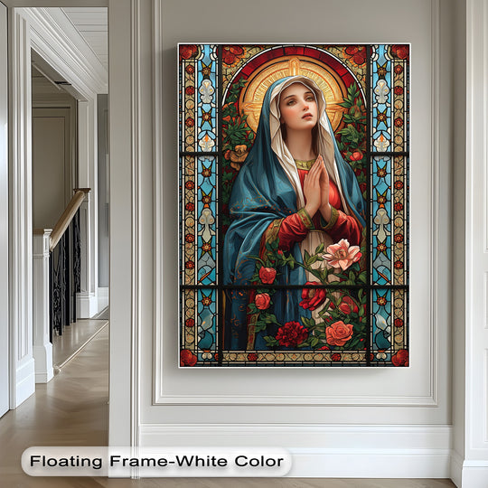 A vertically oriented, rectangular canvas artwork portrays a revered Stained Glass Mary, a religious floral masterpiece.
