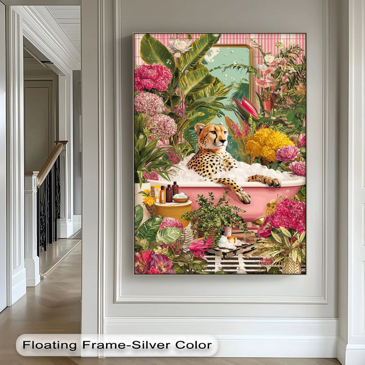 Cheetah in Pink Bathtub – Whimsical Jungle-Inspired Canvas Print - MyPhotoStation