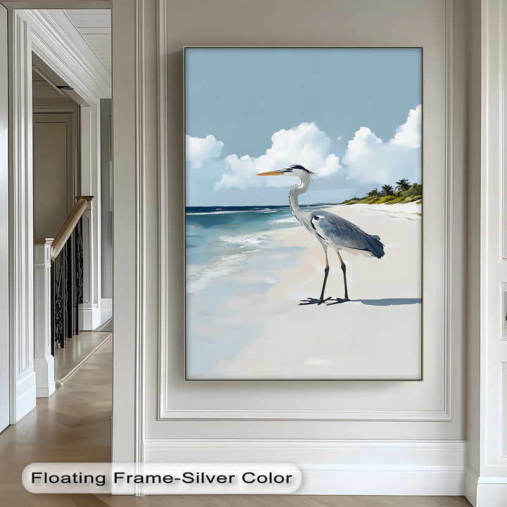 Coastal Heron Under Blue Skies – Tropical Beach Canvas Print