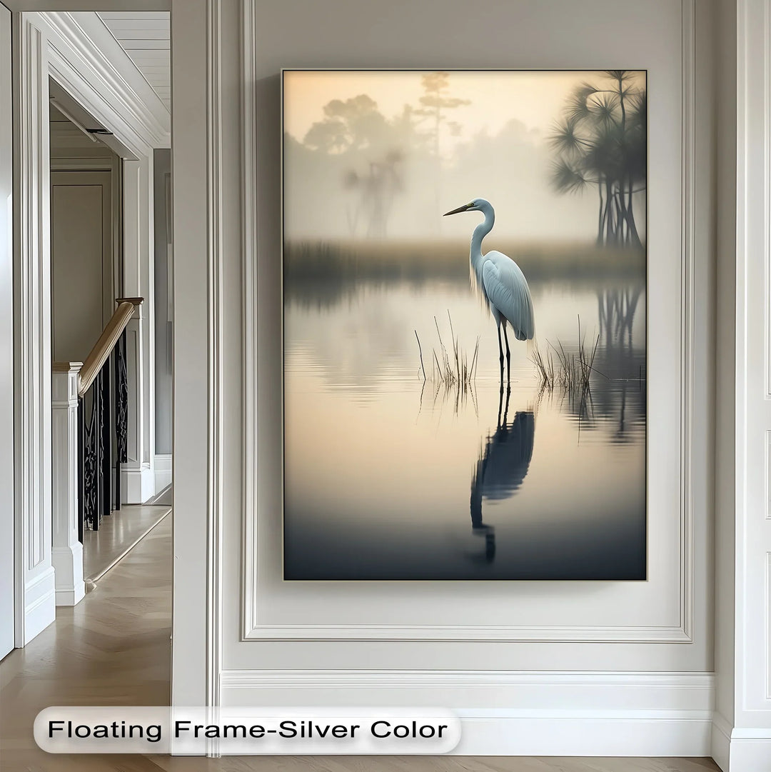 Misty Morning Heron – Serene Lakeside Reflection Canvas Print - MyPhotoStation