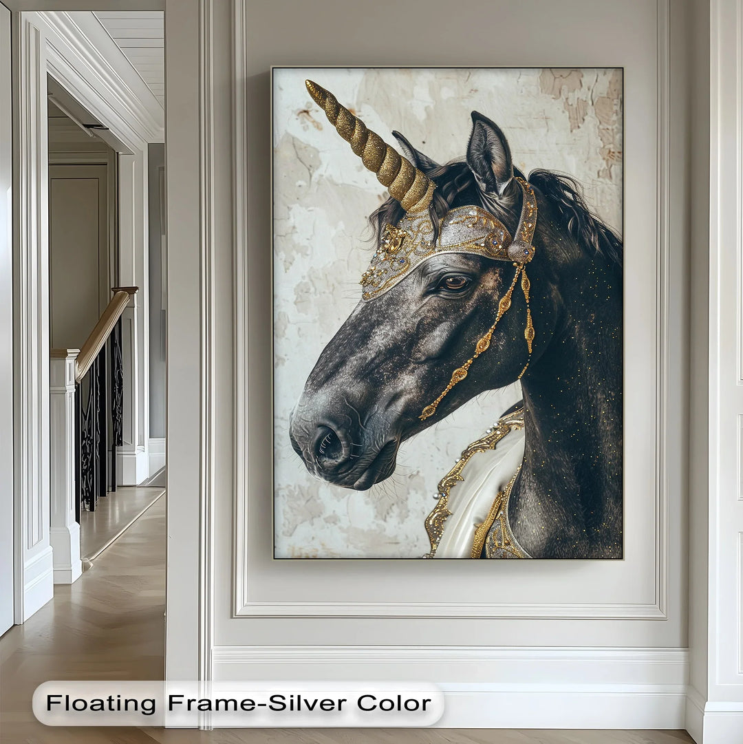 Regal Black Unicorn with Golden Armor – Fantasy Animal Canvas Print - MyPhotoStation