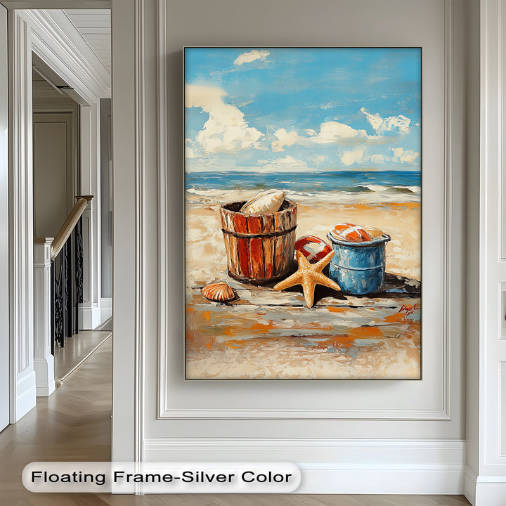 Beach Day Memories – Vibrant Coastal Bucket Scene Canvas Prints