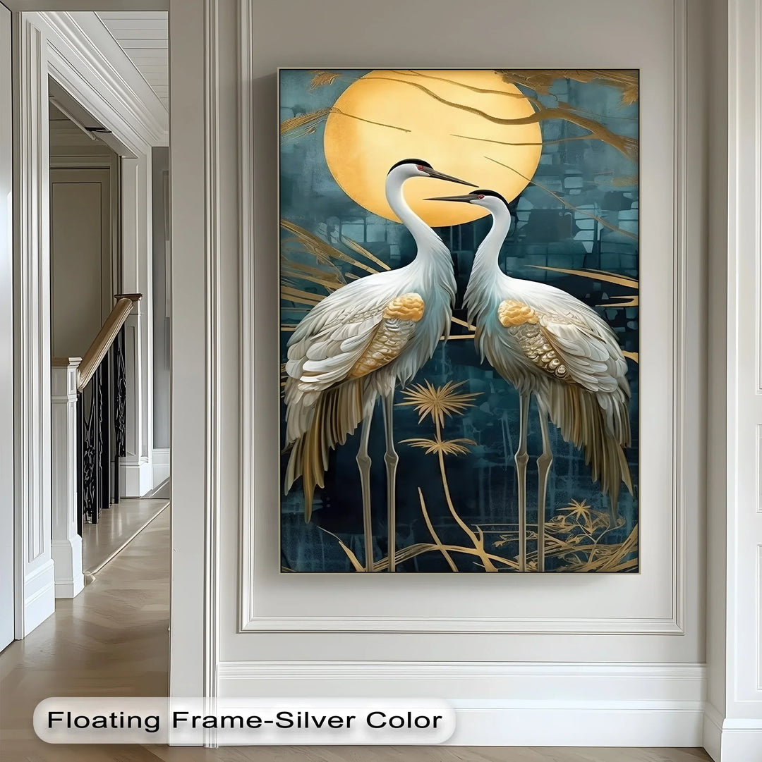 Moonlit Elegance – Golden Cranes Under Full Moon Canvas Print - MyPhotoStation