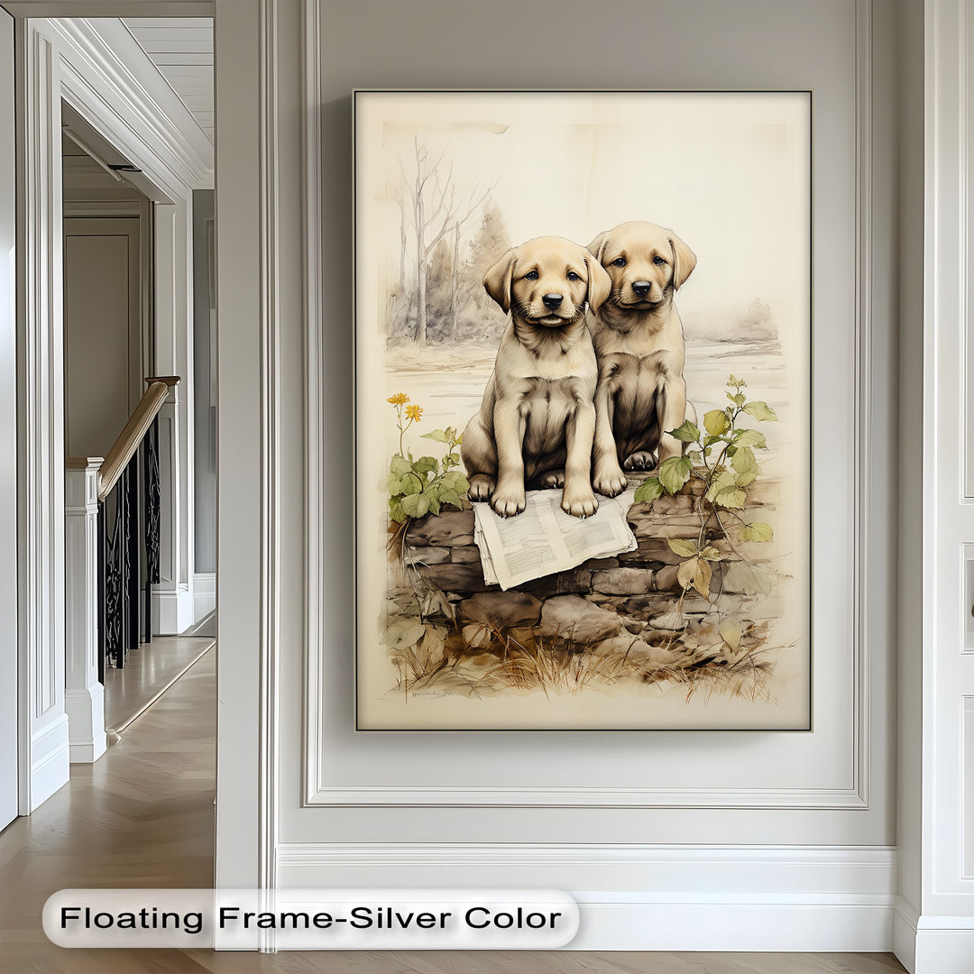 Stone Wall Puppies – Vintage Nature Scene Puppies Canvas Print