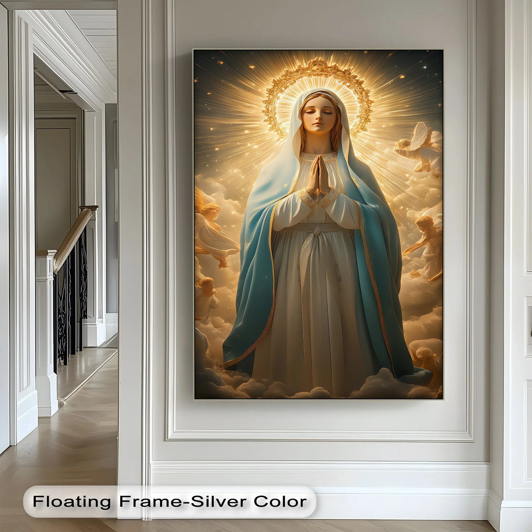 Celebrate divine love with this ethereal canvas painting of Mary, illuminated in celestial glory.

