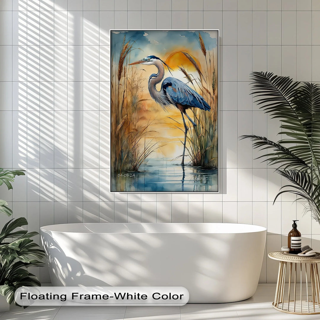 Majestic Blue Heron at Sunset – Serene Waterscape Canvas Print - MyPhotoStation