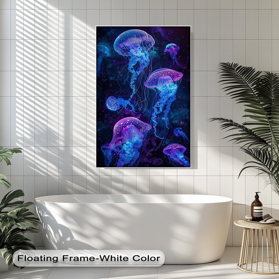 Negative space of the deep, dark ocean beautifully frames the ethereal, glowing jellyfish in this best canvas prints wall art.
