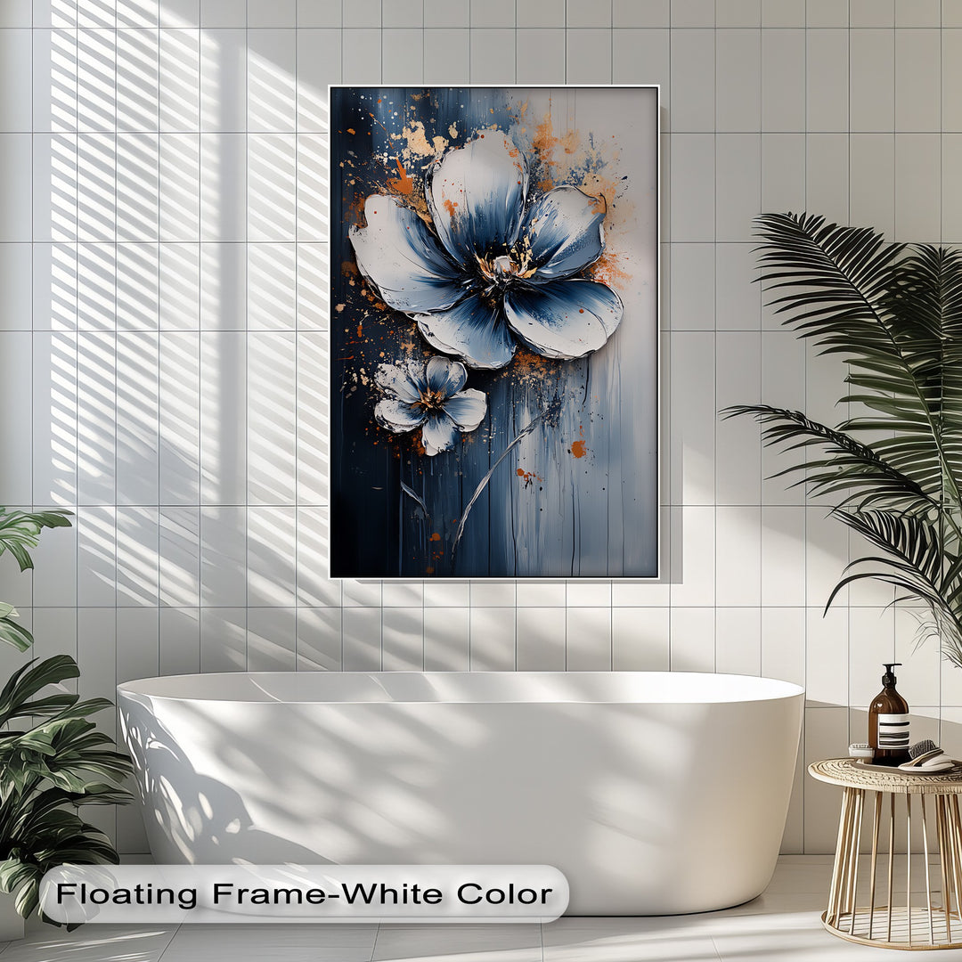 Electric Midnight Bloom – Blue and White Abstract Floral Canvas Print