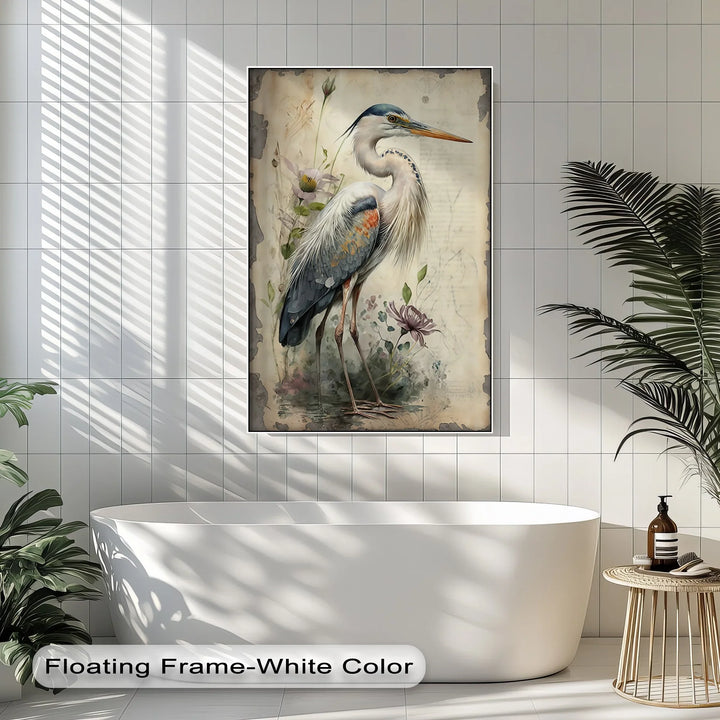 Graceful Heron Amid Wildflowers – Vintage Nature Canvas Print - MyPhotoStation