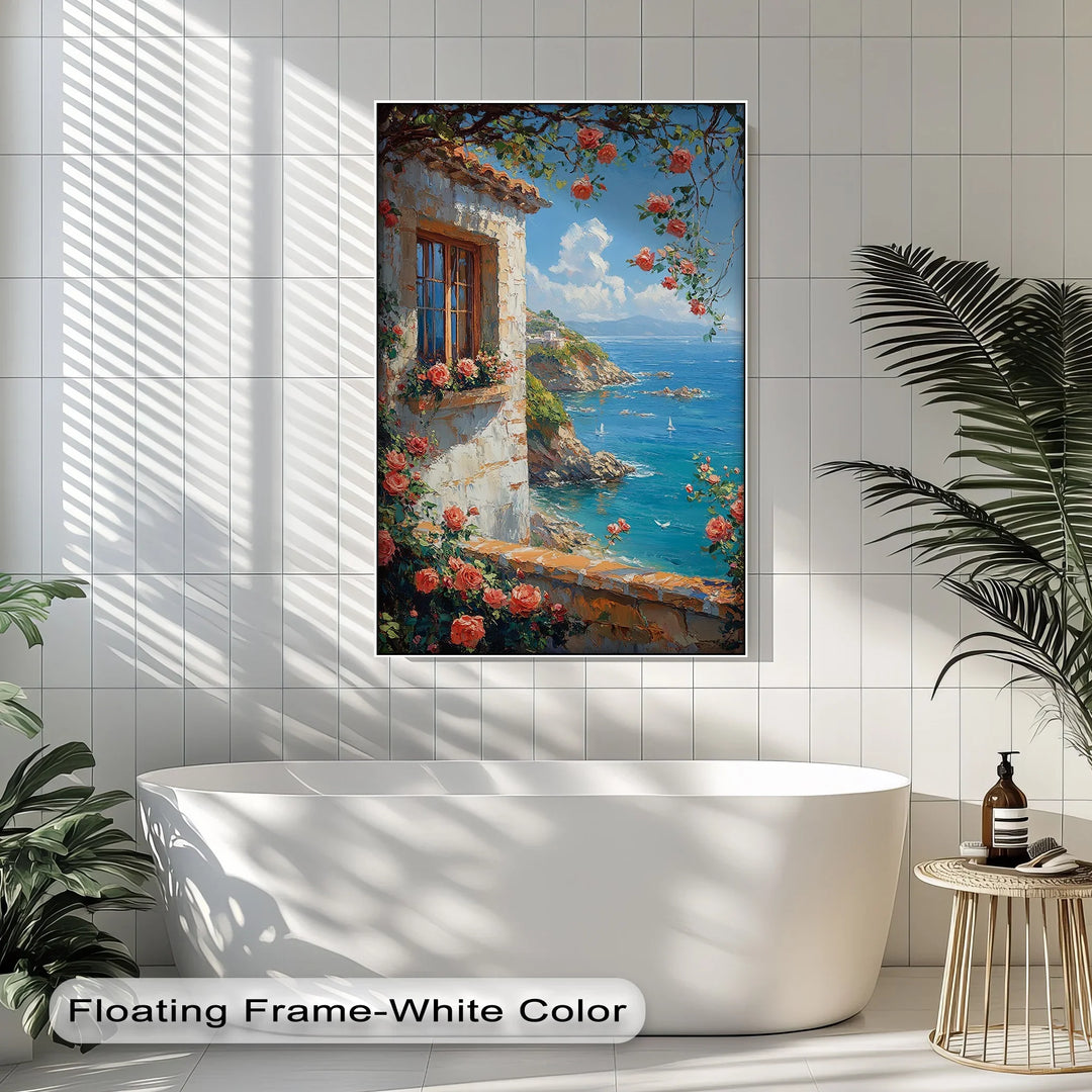 Seaside Roses View – Mediterranean Coast Window Canvas Print - MyPhotoStation