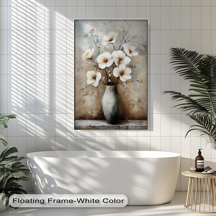 Vintage Bloom Still Life – White Flowers in Vase Canvas Print