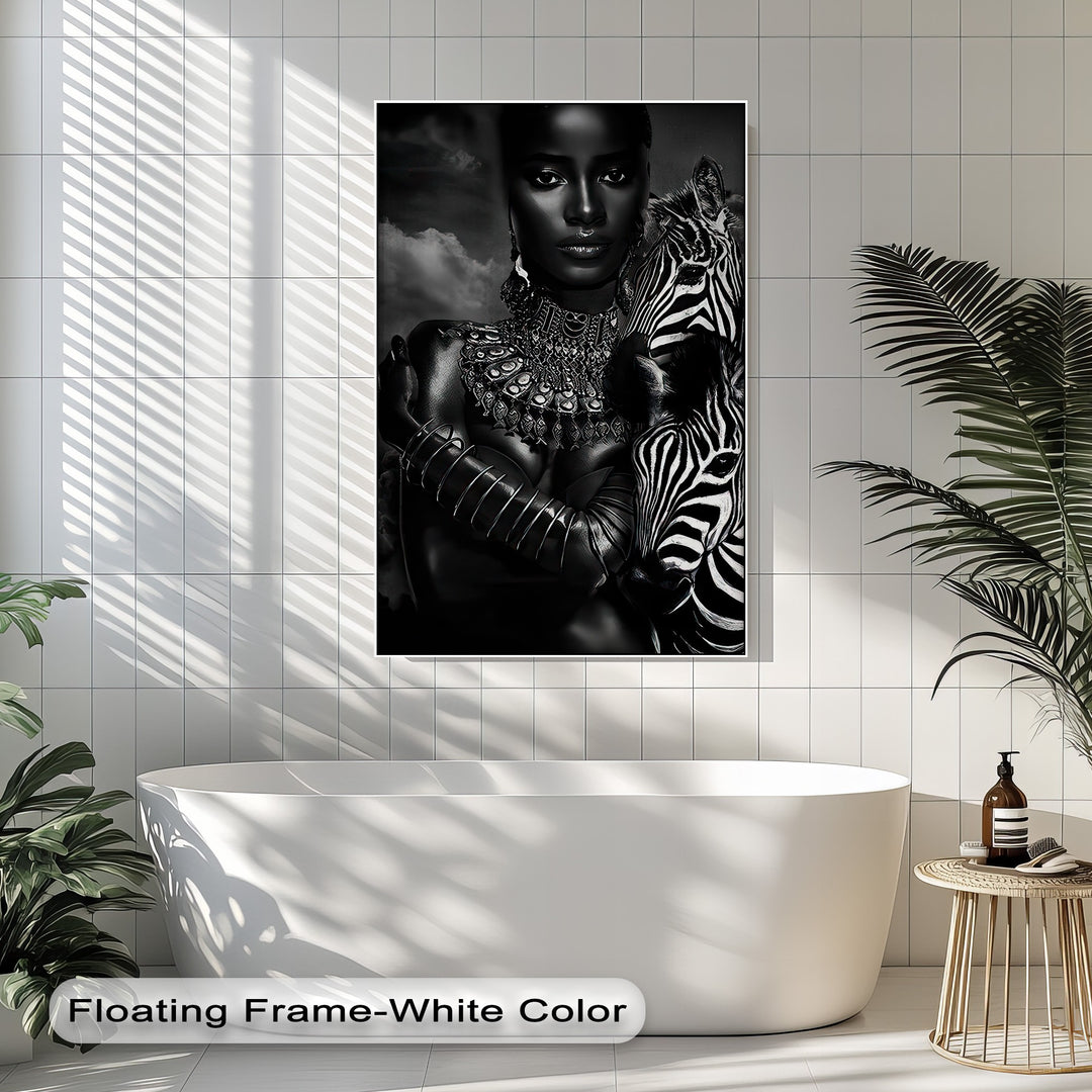 'Floating Frame-White Color' text overlay sits above a sleek white bathtub, complementing the elegant monochrome zebra framed canvas.
