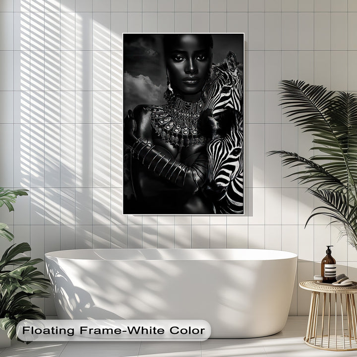 'Floating Frame-White Color' text overlay sits above a sleek white bathtub, complementing the elegant monochrome zebra framed canvas.