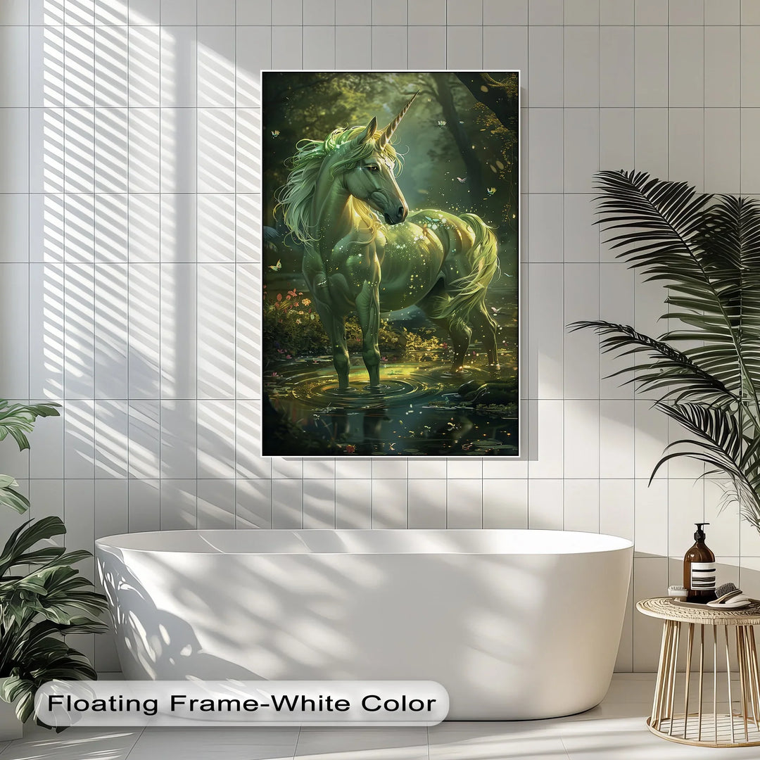Glowing Green Unicorn in Enchanted Pond - Animal Canvas Print - MyPhotoStation