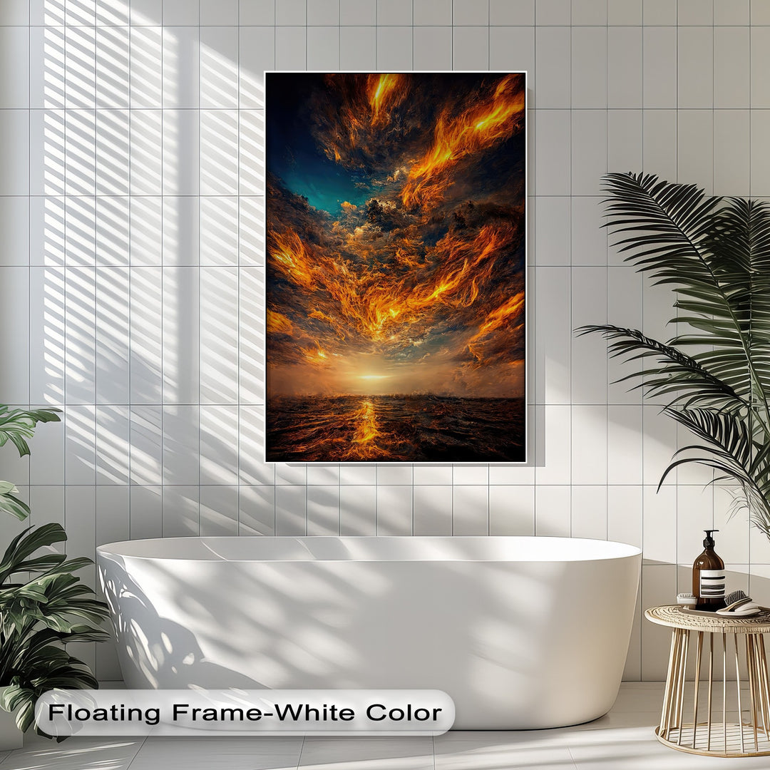 The abstract quality in this dramatic firestorm sky best canvas print features swirling fiery orange clouds over a dark, reflective ocean.