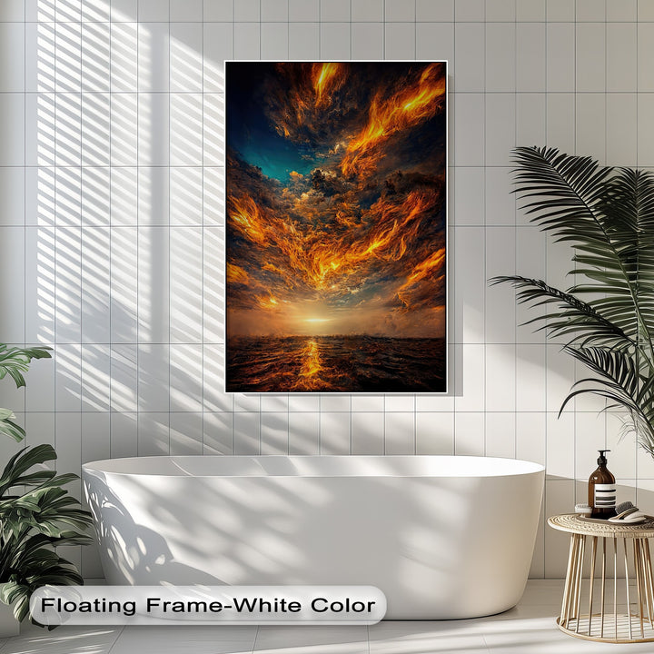 The abstract quality in this dramatic firestorm sky best canvas print features swirling fiery orange clouds over a dark, reflective ocean.
