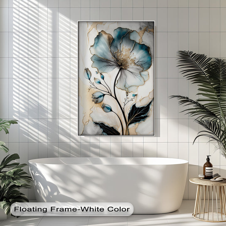 The stillness of a blue floral premium canvas decor featuring a serene, abstract flower with gilded details creates a luxurious focal point.